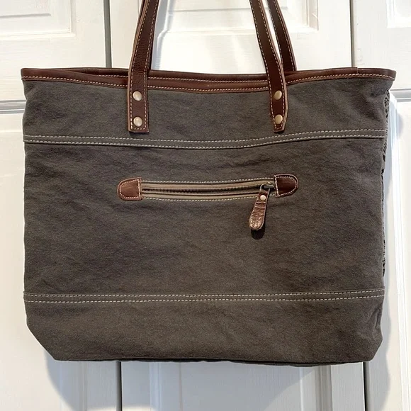 Myra Bag Boho Lace Print Upcycled Canvas and Genuine Leather Tote - Picture 2 of 5